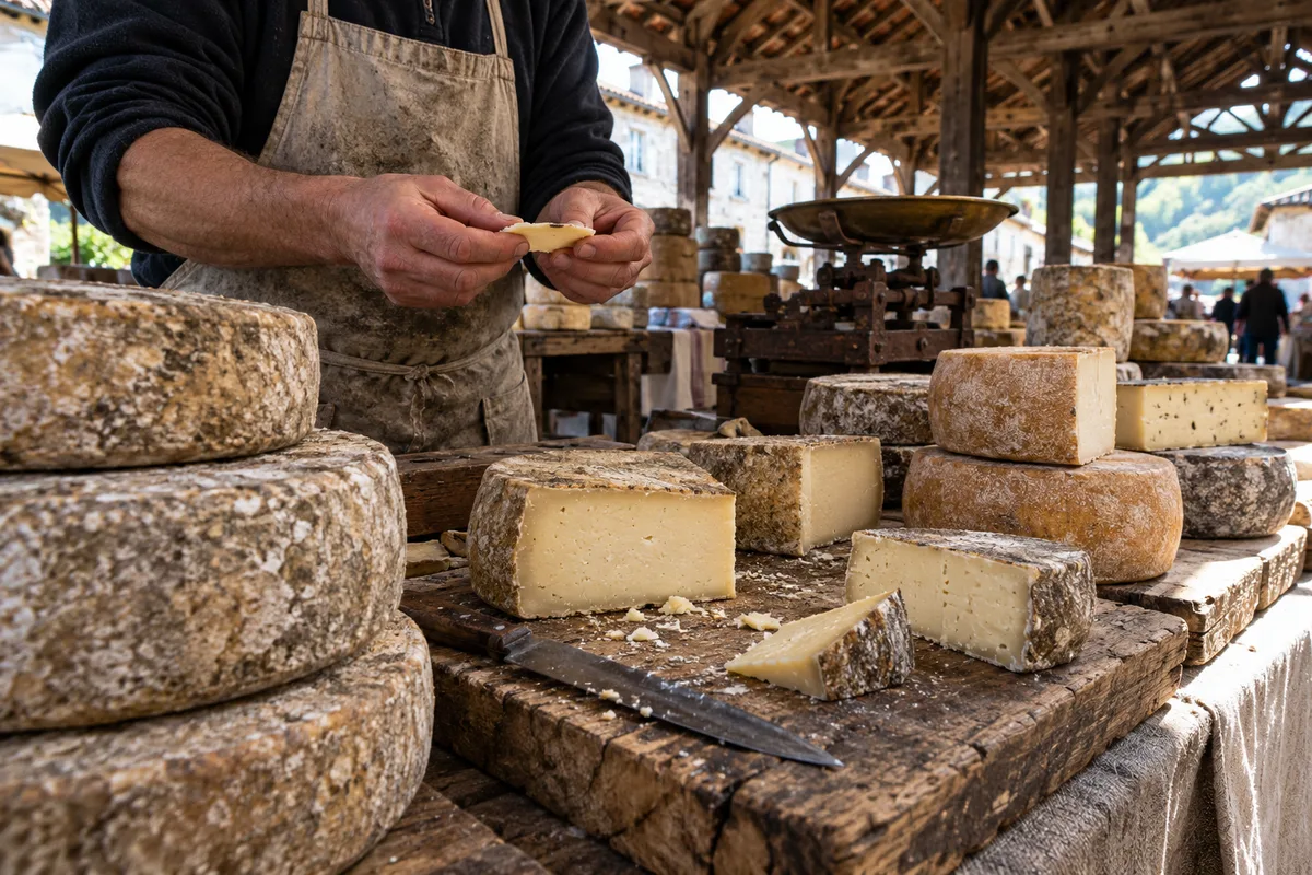 Étal de fromages de montagne sous une halle de marché en Ariège, meules empilées et balance ancienne