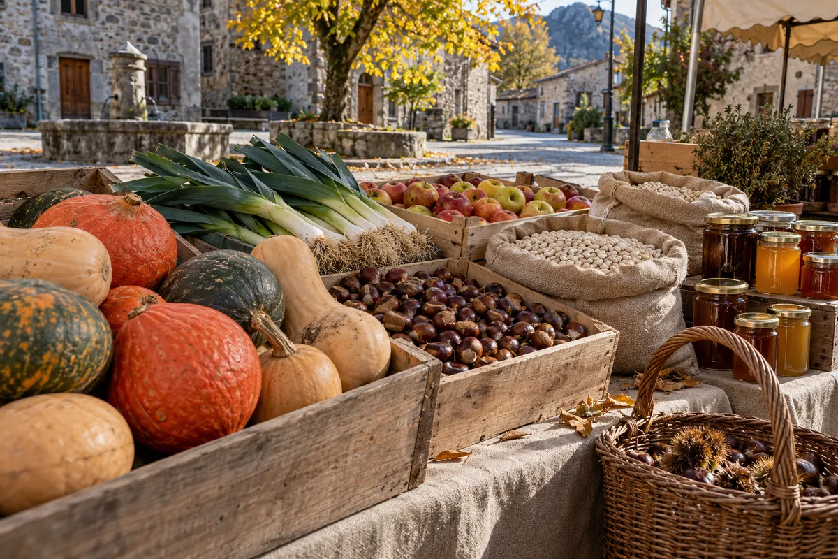 Cagettes de légumes d’automne et sacs de haricots secs sur un marché de village ariégeois