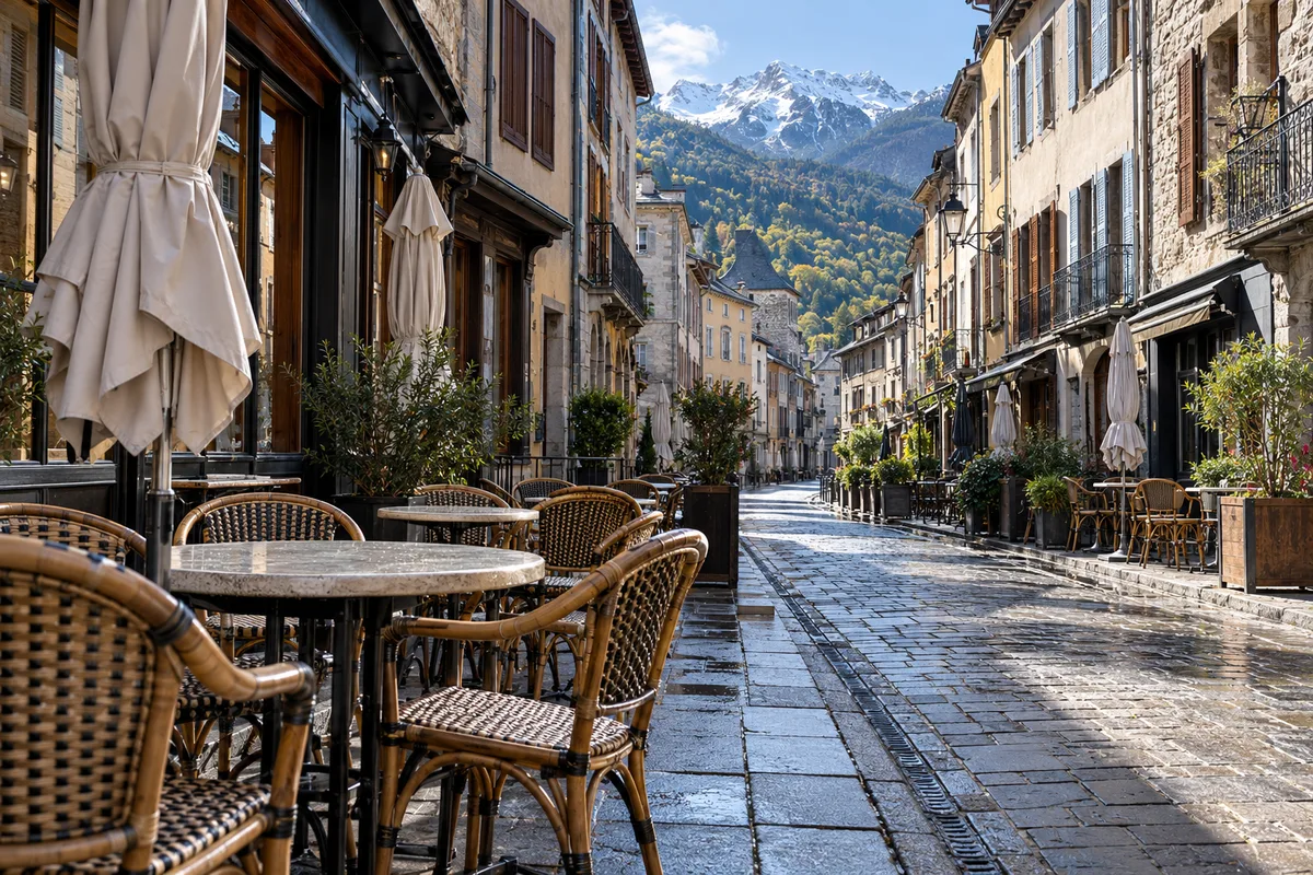 Rue du centre d’Ax-les-Thermes avec terrasses de restaurants et façades anciennes en fin de matinée