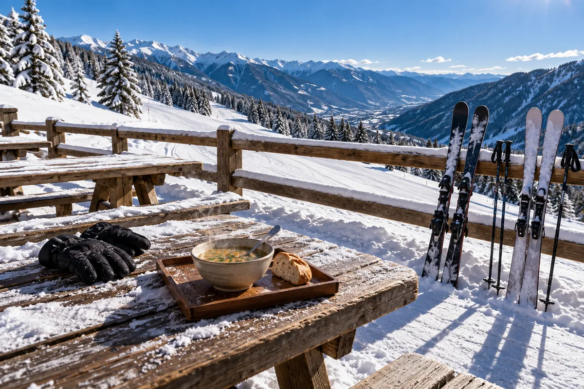 Terrasse de restaurant d’altitude au plateau de Bonascre avec skis plantés dans la neige au-dessus de la vallée