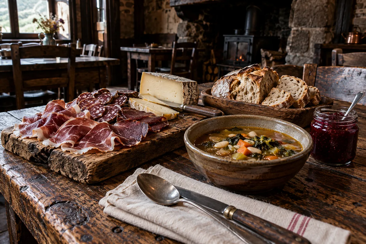 Assiette de charcuteries de montagne, pain de campagne et soupe paysanne servie dans une auberge de la haute vallée de l’Ariège