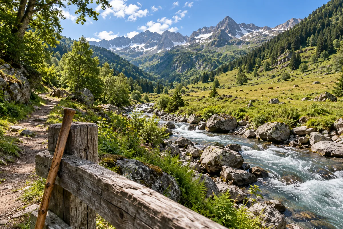 Sentier de randonnée dans la vallée d’Orlu près d’Ax-les-Thermes avec torrent, pâturages et sommets