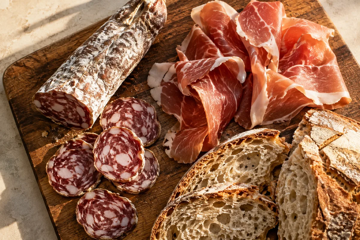 Planche de charcuteries ariégeoises avec saucisse sèche, jambon de montagne tranché et pain de campagne
