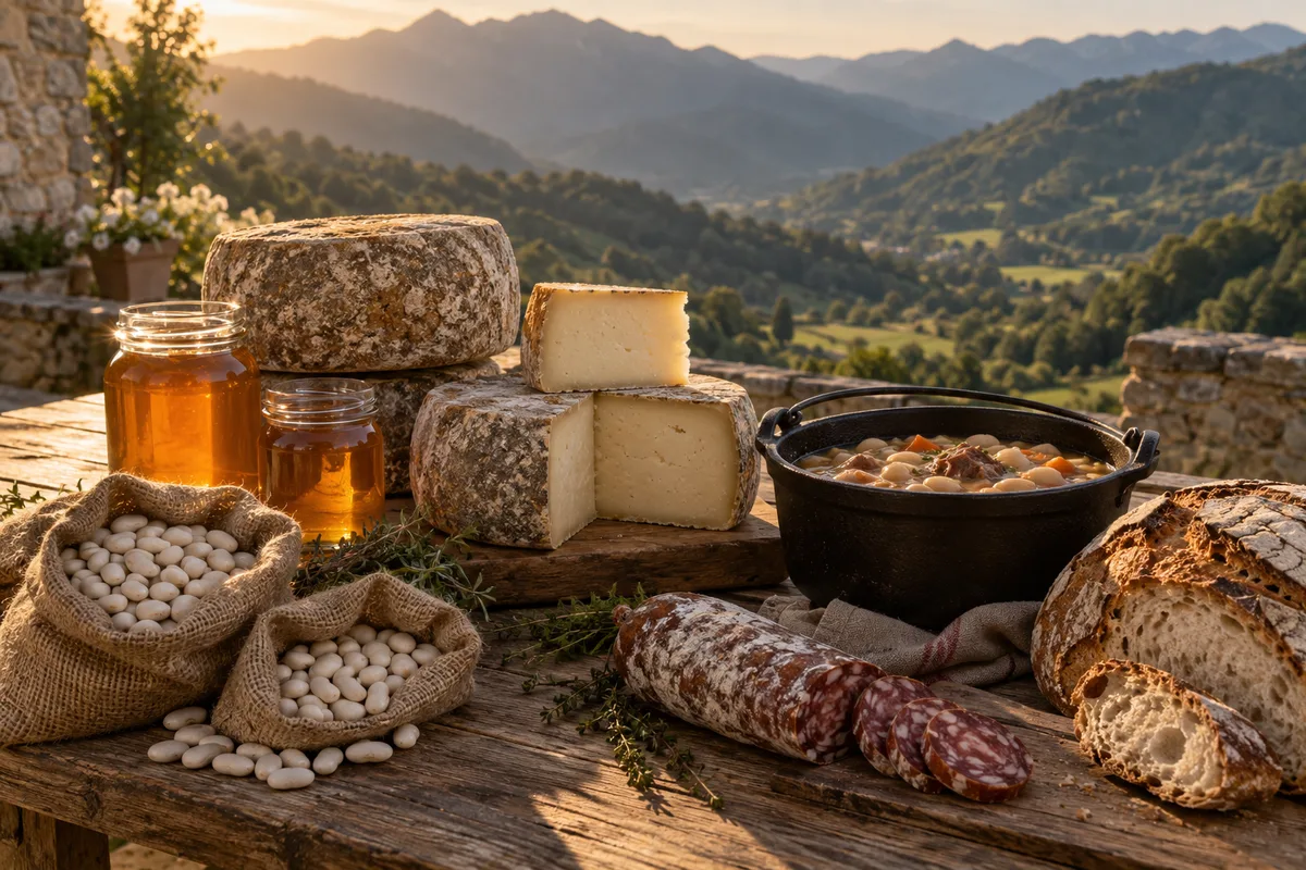 Étal de marché ariégeois avec meules de fromage d&rsquo;estive, miel en pots et sacs de haricots secs