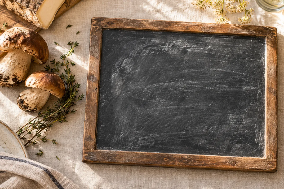 Ardoise manuscrite de restaurant ariégeois listant des plats de saison et les noms des producteurs locaux