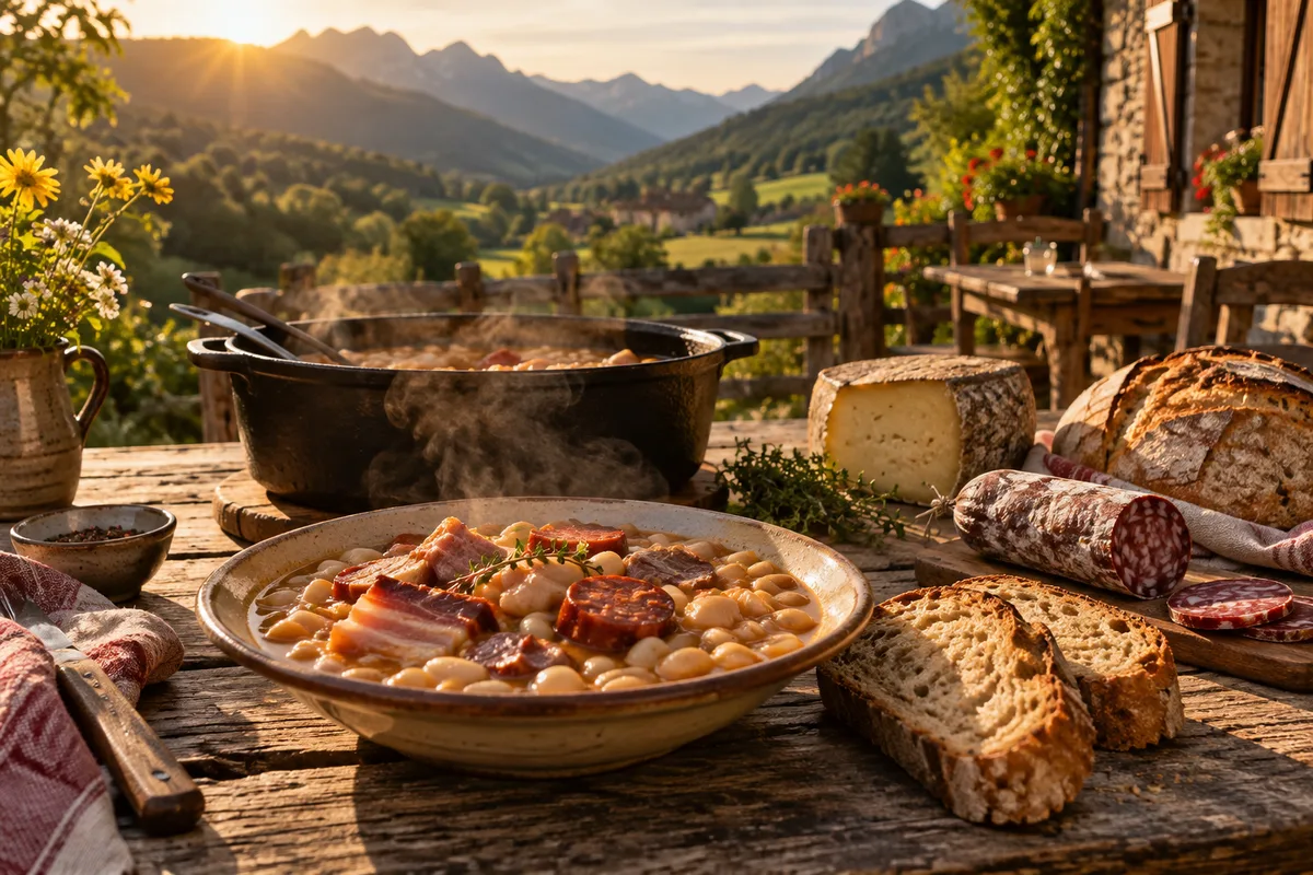 Assiette de mounjetado fumante servie avec du pain de campagne dans une auberge ariégeoise sans prétention