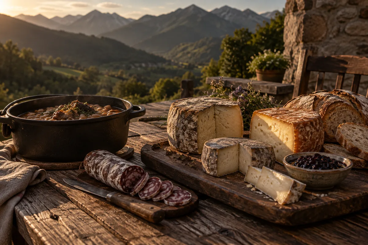Plateau de fromages d&rsquo;estive du Couserans avec tomme de brebis, Bethmale et confiture de myrtilles sur une table d&rsquo;auberge