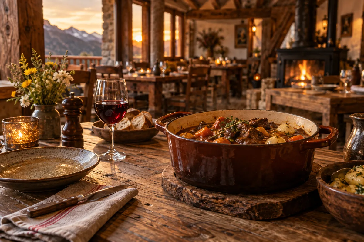 Salle d’auberge de montagne près de Tarascon-sur-Ariège avec poutres apparentes et plats mijotés sur les tables