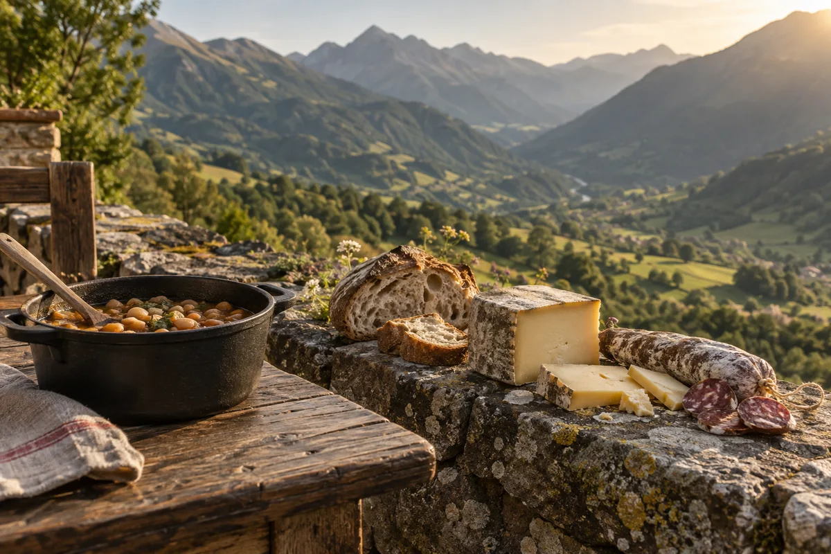 Pique-nique de randonneur avec fromage d’estive, saucisse sèche et pain posé sur un muret face aux montagnes de la haute vallée de l’Ariège