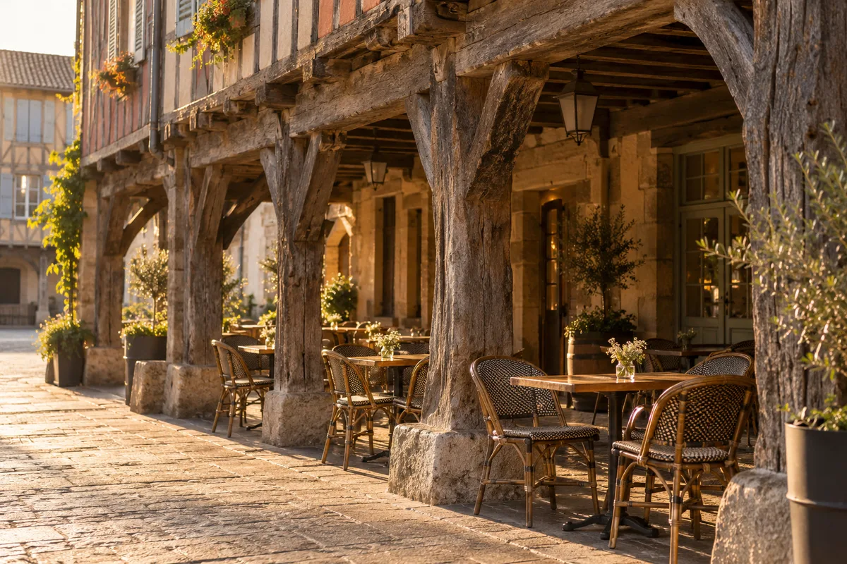 Terrasses de restaurant sous les galeries à pans de bois de la place médiévale de Mirepoix en fin de journée