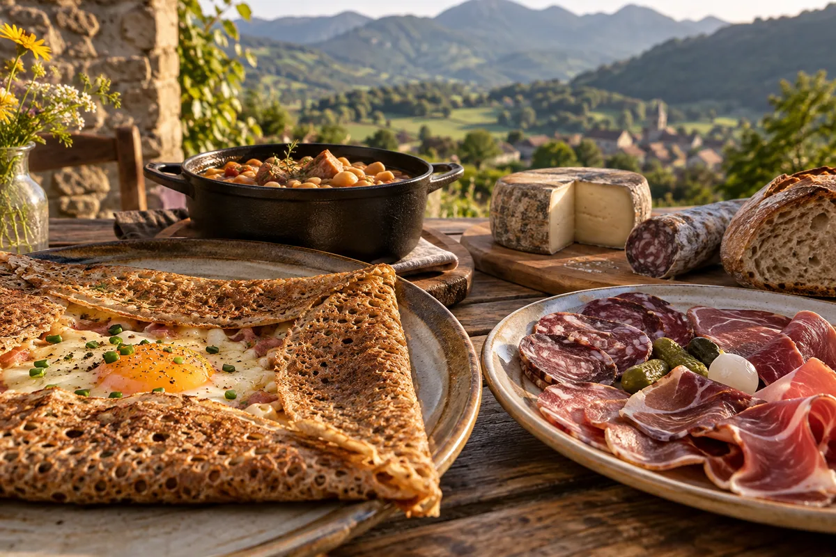 Galette de sarrasin et assiette de charcuterie ariégeoise servies sur une table en terrasse à Mirepoix