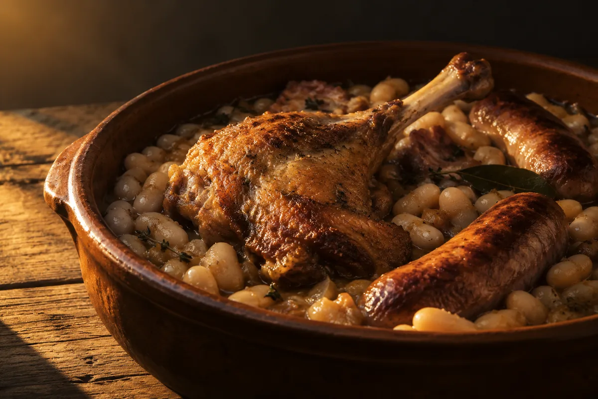Cassole de mounjetado ariégeoise avec haricots blancs, saucisse et confit de canard sur une table en bois