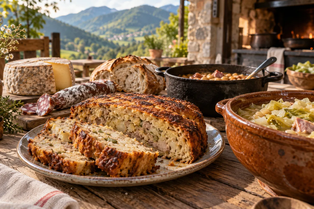 Rouzole dorée tranchée à côté d&rsquo;une soupière d&rsquo;azinat au chou dans une cuisine d&rsquo;auberge ariégeoise