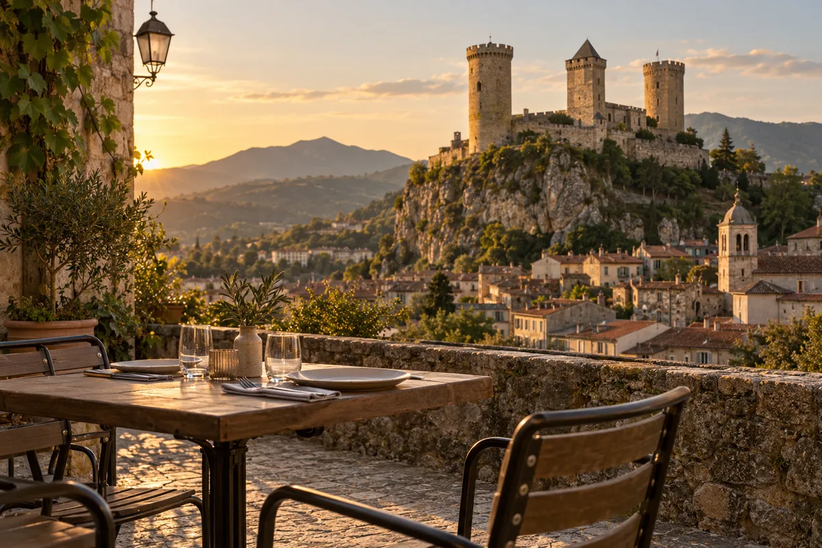 Château de Foix dominant la ville avec ses tours médiévales et une terrasse de restaurant au premier plan