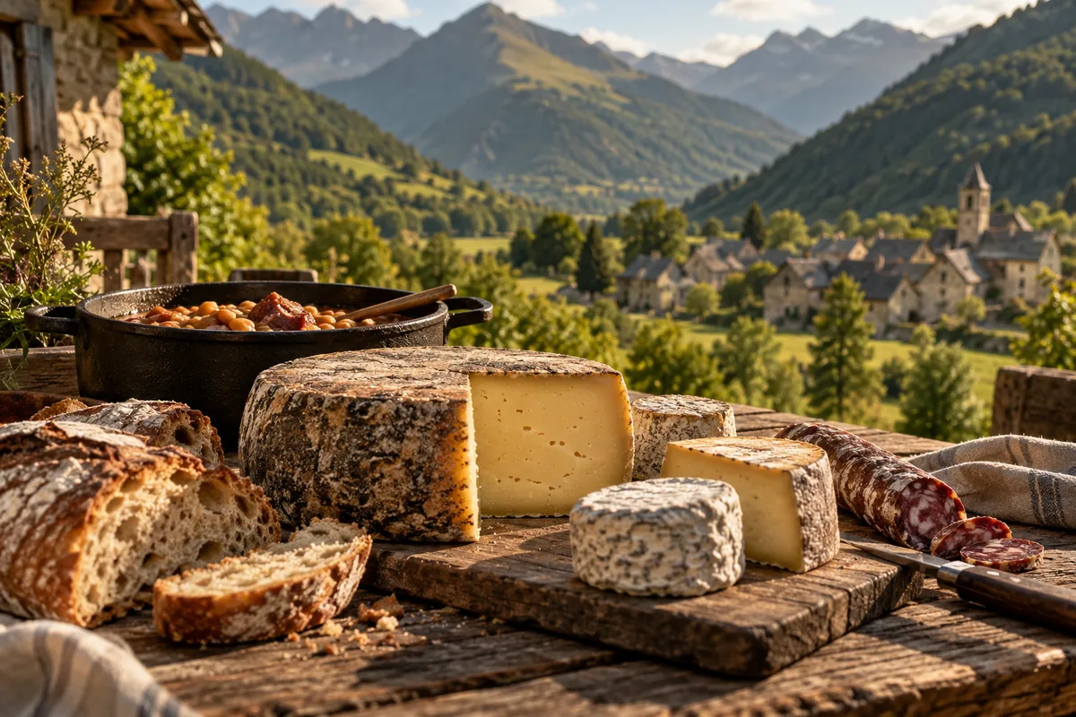 Village du Couserans au pied des estives avec un étal de fromages fermiers au premier plan